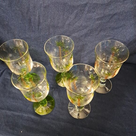 Hand Painted Palm Tree Wine Glasses Hand Painted Goblet Beach Theme Set of 5 - Picture 4 of 4